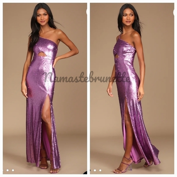 Nwt Lulu's Pink Sequin One-Shoulder Cutout Mermaid Maxi Dress - Picture 4 of 13